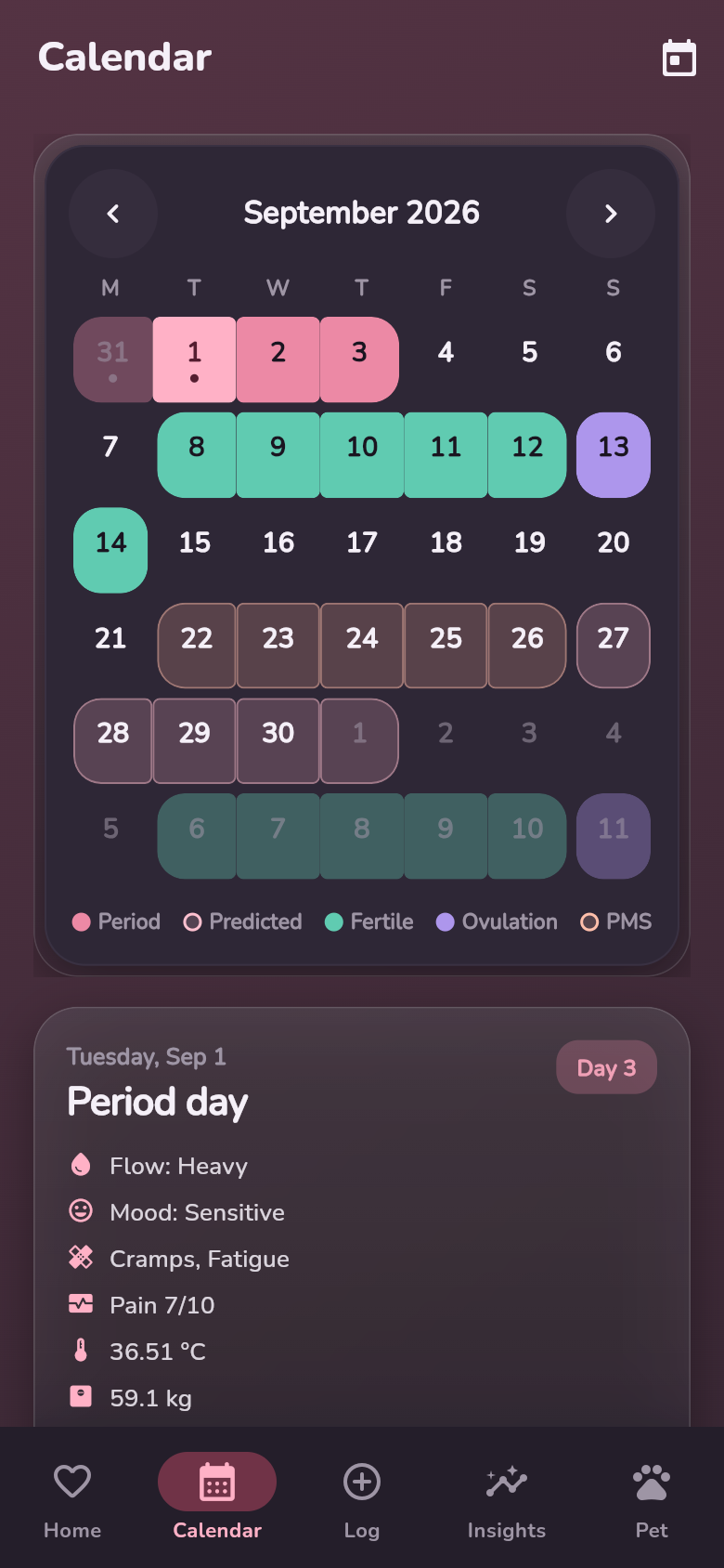 Calendar in dark theme