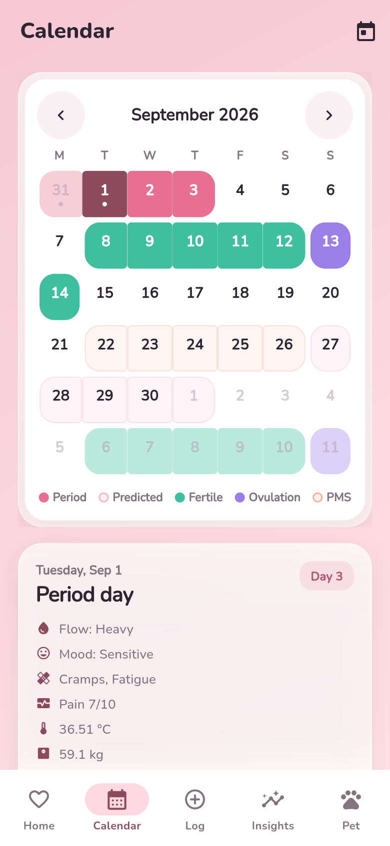 Calendar with colour-coded cycle phases