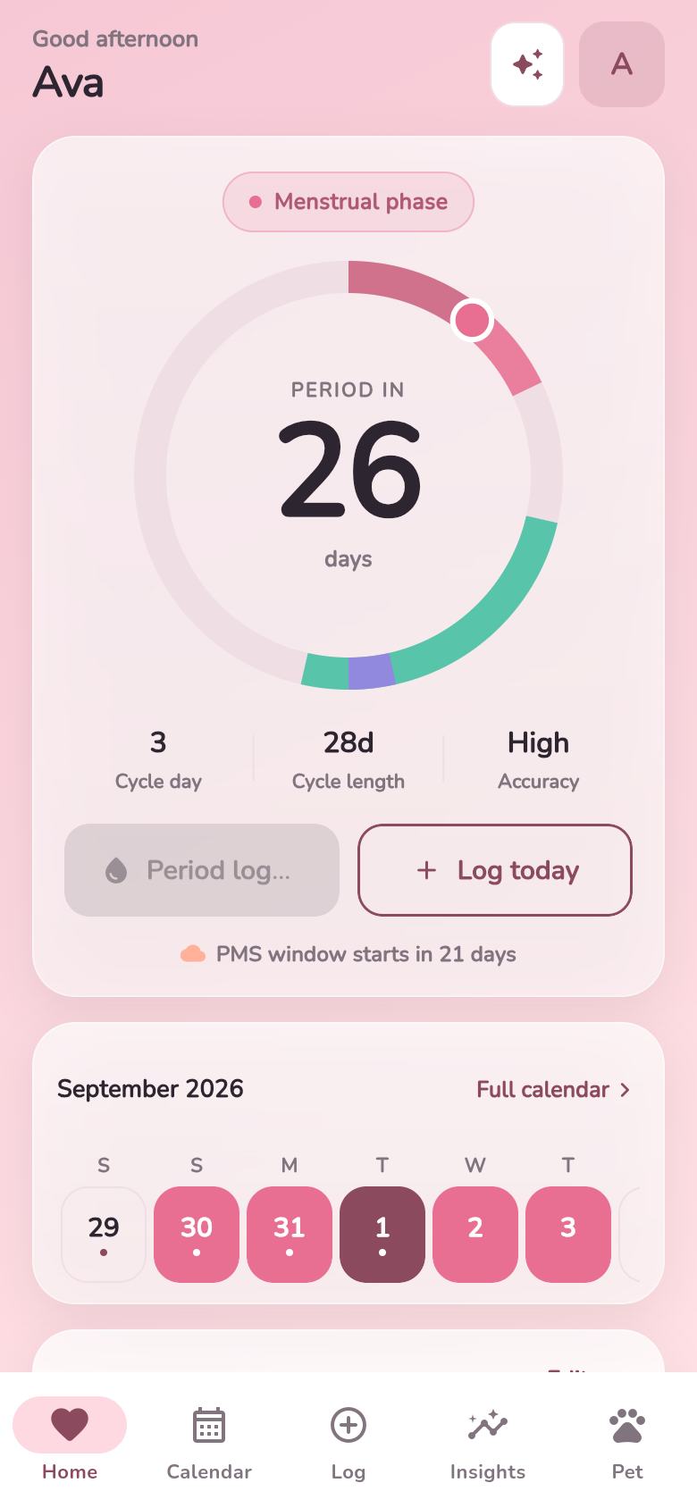 CycleCare home screen showing cycle day, current phase and days until the next period
